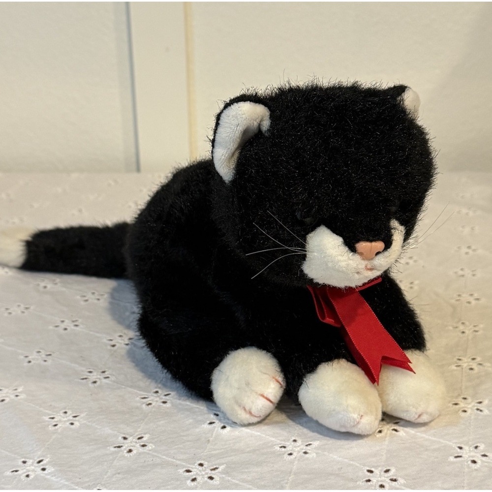 Ty Plush Black White Cat Red Ribbon‎ 1997 Vintage Stuffed Animal Kitty